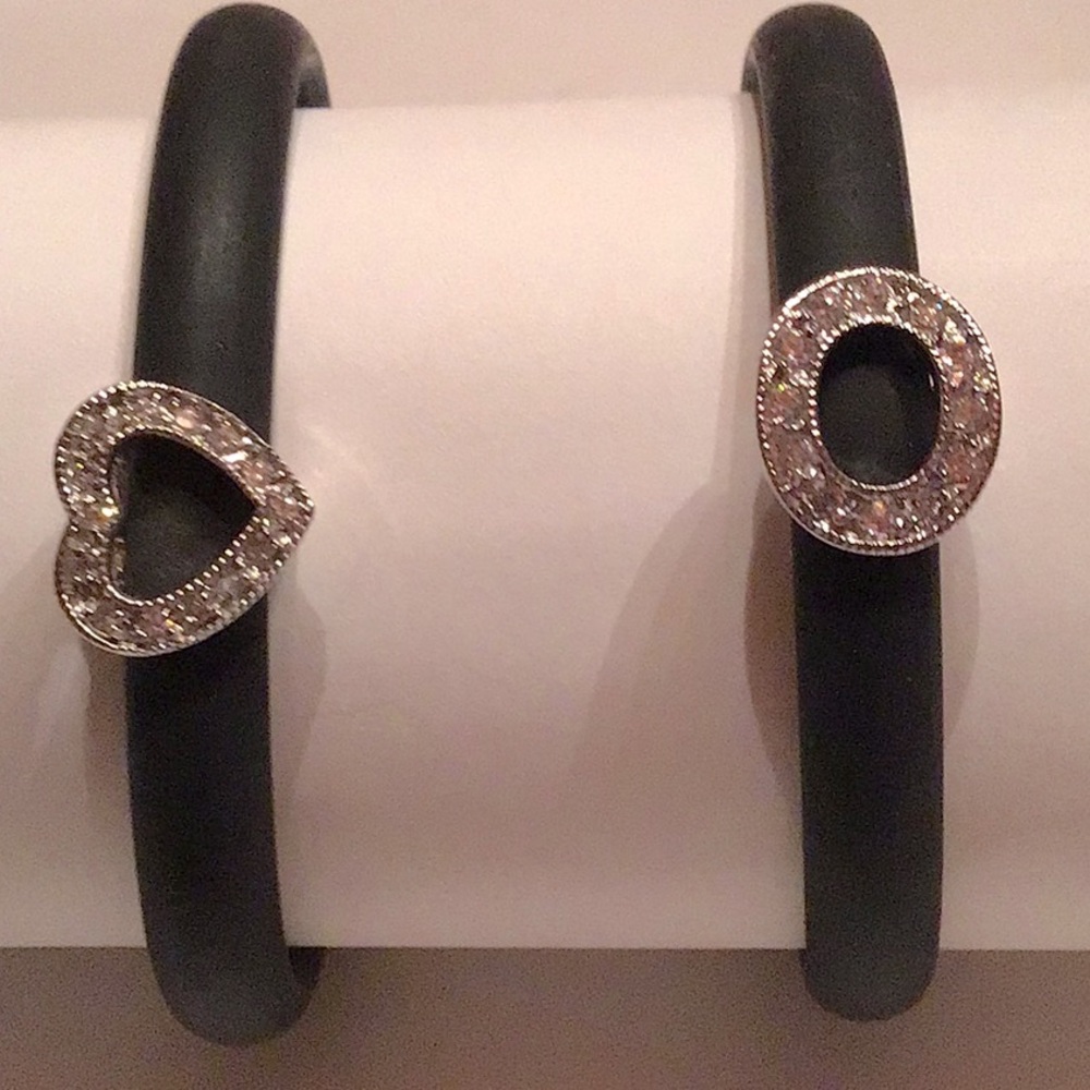 Set of 2 Black rubber bracelets, Sterling Silver charm w/ CZ’S & closure